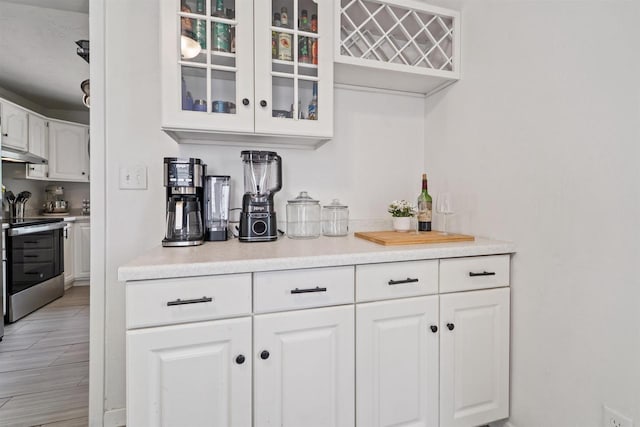 266 E 10th St, Fond Du Lac, WI 54935 - indoor dry bar featuring stainless steel range with electric cooktop, under cabinet range hood, and light wood-type flooring