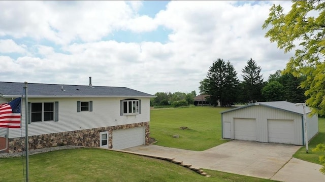 8519 Pigeon Lake Rd, Valders, WI 54245 - view of home's exterior with stone siding, a yard, and an outbuilding