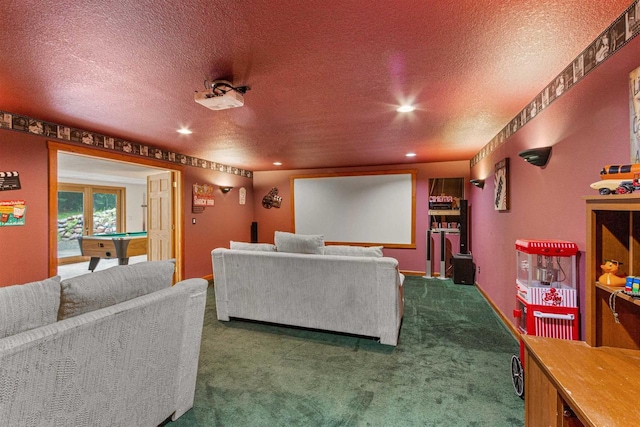 704 Sandy Pines Ct, Redgranite, WI 54970 - cinema room featuring a textured ceiling, dark carpet, recessed lighting, and billiards table