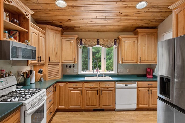 704 Sandy Pines Ct, Redgranite, WI 54970 - kitchen featuring appliances with stainless steel finishes, wooden ceiling, dark countertops, and light wood-type flooring