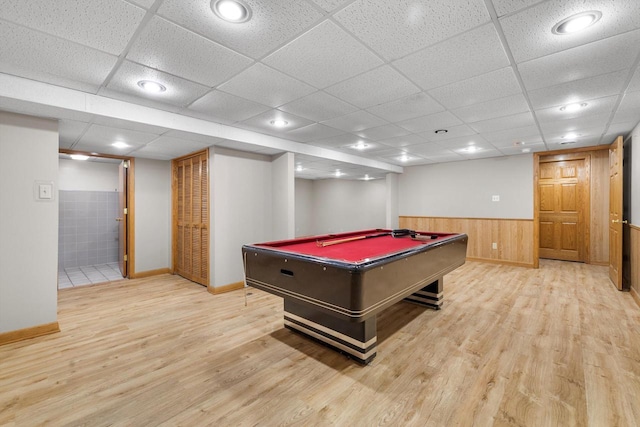 8206 41st Ave, Kenosha, WI 53142 - rec room featuring billiards, light wood finished floors, wainscoting, and a drop ceiling