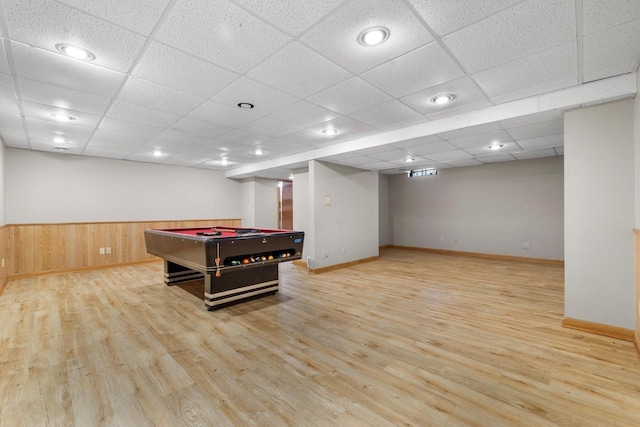 8206 41st Ave, Kenosha, WI 53142 - recreation room with wood finished floors, a wainscoted wall, a paneled ceiling, wood walls, and pool table