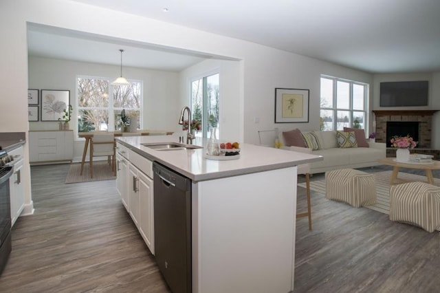 415 Kensington Ct Unit Lt128Adams, Williams Bay, WI 53191 - kitchen with stainless steel dishwasher, healthy amount of natural light, a fireplace, and wood finished floors