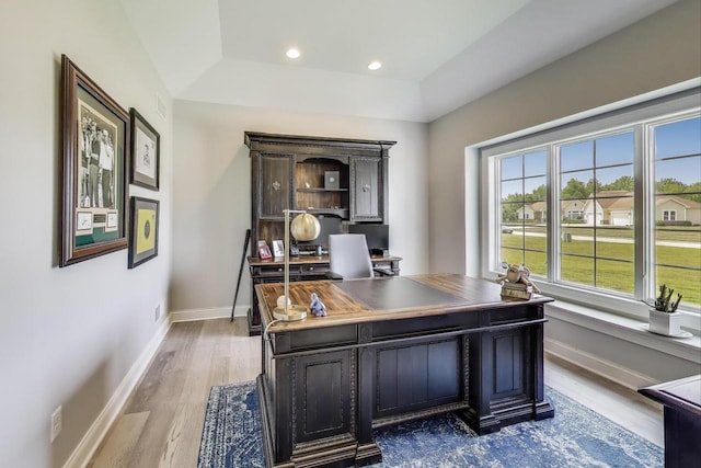 9335 223rd Ave, Salem, WI 53168 - office with light wood finished floors, recessed lighting, and a tray ceiling