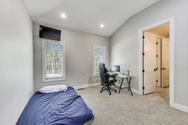 9335 223rd Ave, Salem, WI 53168 - carpeted bedroom with lofted ceiling, a desk, and recessed lighting