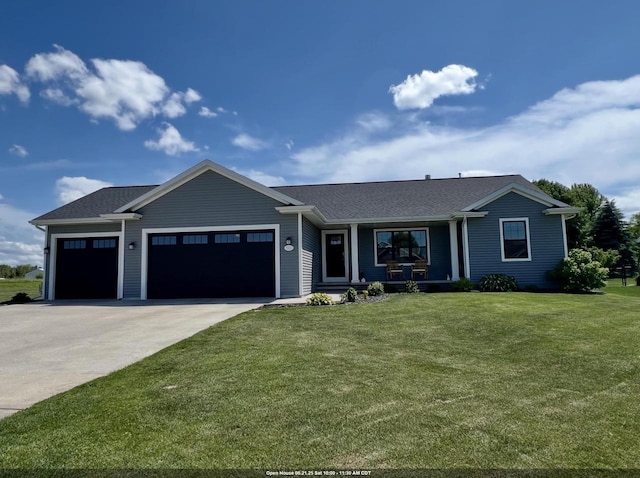 582 Clay St, Wrightstown, WI 54180 - ranch-style home featuring a porch, a front lawn, a garage, concrete driveway, and roof with shingles