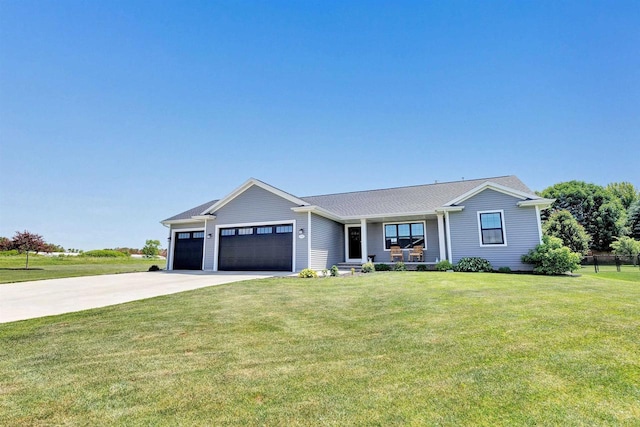 582 Clay St, Wrightstown, WI 54180 - ranch-style home featuring a garage, a porch, concrete driveway, and a front lawn