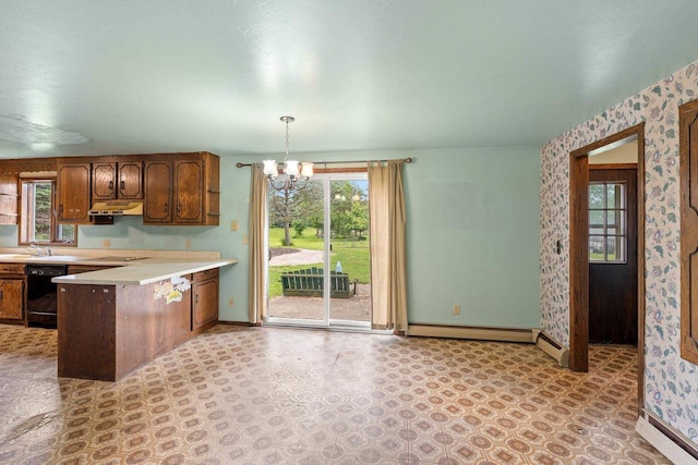 1490 Fernando Dr, Ashwaubenon, WI 54115 - kitchen featuring dishwasher, a chandelier, a peninsula, light countertops, and plenty of natural light