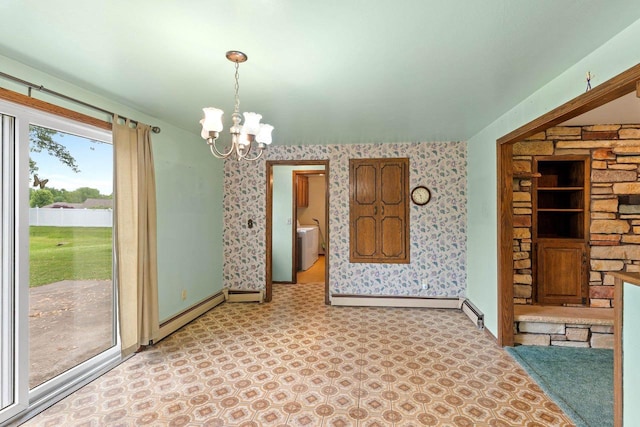 1490 Fernando Dr, Ashwaubenon, WI 54115 - unfurnished dining area with a chandelier, wallpapered walls, washer / clothes dryer, and a baseboard heating unit