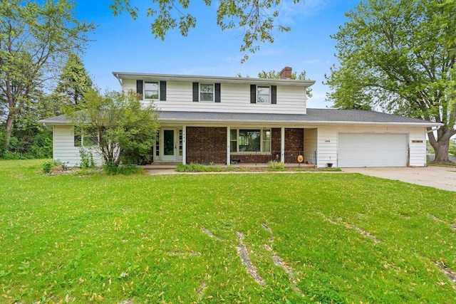 1490 Fernando Dr, Ashwaubenon, WI 54115 - traditional-style house featuring a chimney, an attached garage, driveway, and a front lawn