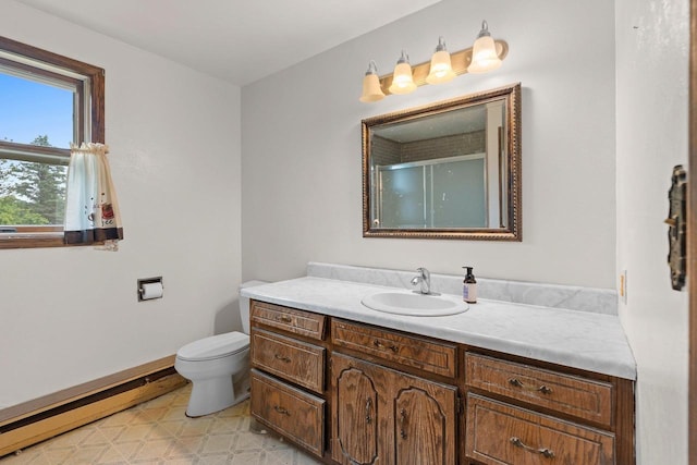 1490 Fernando Dr, Ashwaubenon, WI 54115 - full bathroom featuring baseboard heating, vanity, and an enclosed shower