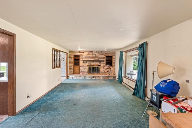 1490 Fernando Dr, Ashwaubenon, WI 54115 - unfurnished living room with carpet floors, a fireplace, built in shelves, and baseboard heating