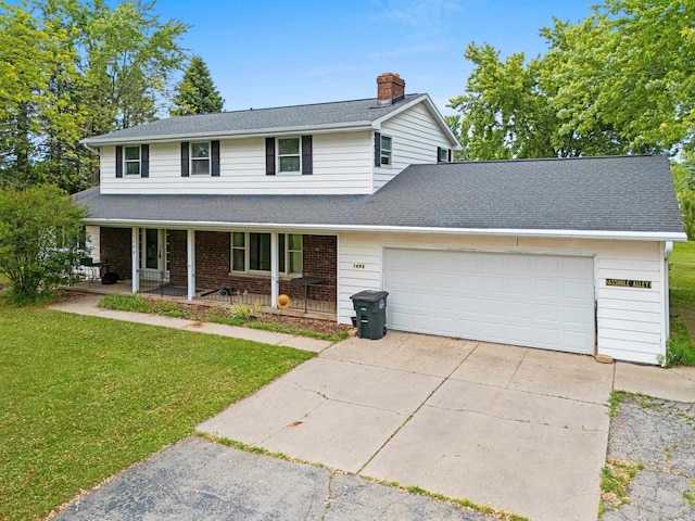 1490 Fernando Dr, Ashwaubenon, WI 54115 - traditional-style home with covered porch, a garage, a front lawn, a chimney, and driveway
