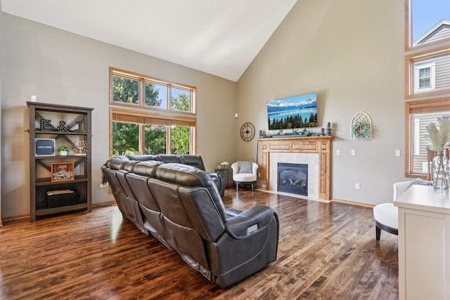 13745 W Park Central Blvd, New Berlin, WI 53151 - living area featuring high vaulted ceiling, wood finished floors, and a fireplace
