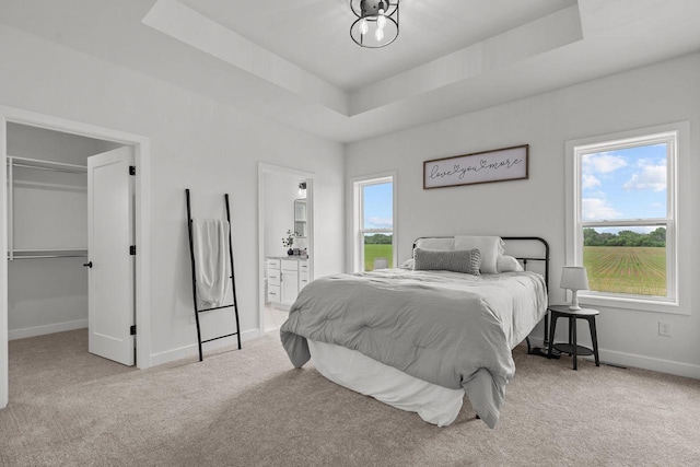 2061 White Dove Ln, Kaukauna, WI 54130 - bedroom with a walk in closet, light colored carpet, a tray ceiling, and connected bathroom