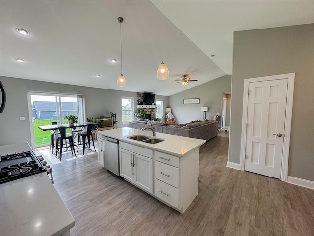 406 S Birch St, Marshfield, WI 54449 - kitchen with stainless steel dishwasher, a stone fireplace, light wood-style flooring, a ceiling fan, and open floor plan