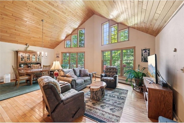 62405 Delta Lake Rd, Iron River, WI 54847 - living area with light wood finished floors, high vaulted ceiling, wooden ceiling, healthy amount of natural light, and a chandelier