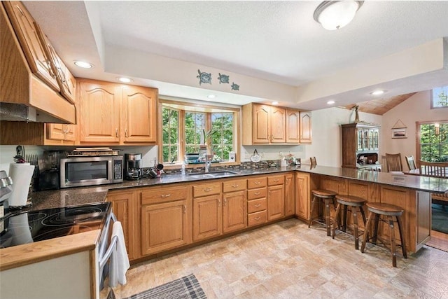 62405 Delta Lake Rd, Iron River, WI 54847 - kitchen featuring appliances with stainless steel finishes, custom exhaust hood, recessed lighting, a kitchen breakfast bar, and a peninsula