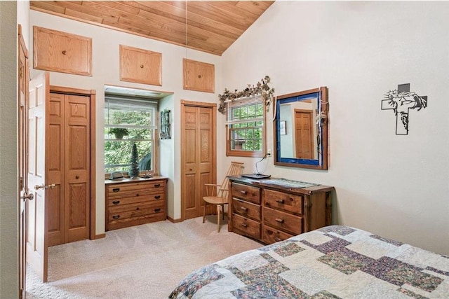 62405 Delta Lake Rd, Iron River, WI 54847 - bedroom with wood ceiling, light colored carpet, high vaulted ceiling, and two closets