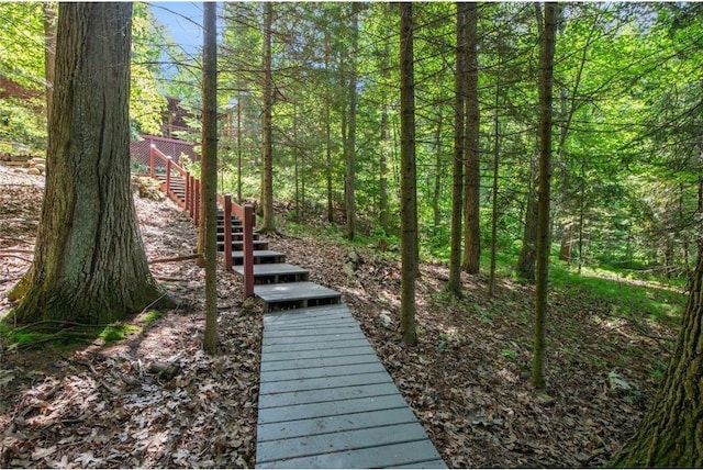 62405 Delta Lake Rd, Iron River, WI 54847 - view of yard with stairway and a wooded view