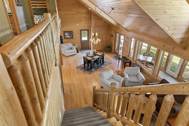 4721 Lake Of The Woods Rd, Sturgeon Bay, WI 54235 - living area with wood walls, vaulted ceiling, wooden ceiling, and wood finished floors