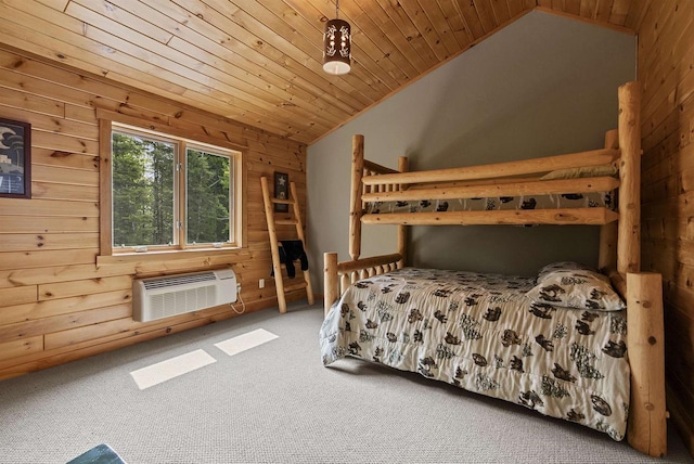 4721 Lake Of The Woods Rd, Sturgeon Bay, WI 54235 - carpeted bedroom featuring lofted ceiling, wood walls, wooden ceiling, and an AC wall unit