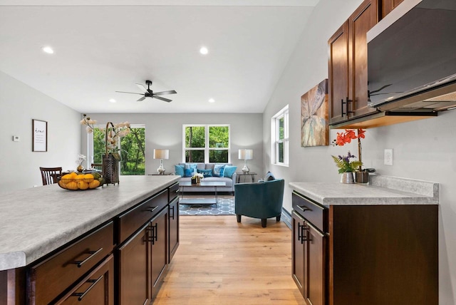 997 E Sunnyview Rd, Oshkosh, WI 54901 - kitchen featuring light wood-style floors, stainless steel microwave, light countertops, recessed lighting, and ceiling fan