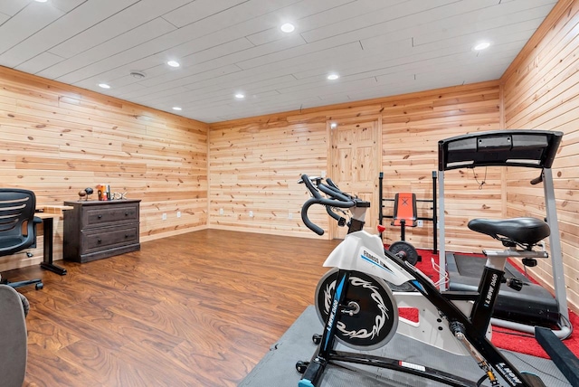4835 Isabella Cir, Hobart, WI 54155 - exercise room featuring wood finished floors, wooden walls, and recessed lighting