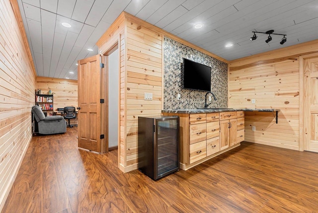 4835 Isabella Cir, Hobart, WI 54155 - indoor wet bar featuring beverage cooler, wooden walls, dark wood-style flooring, and recessed lighting