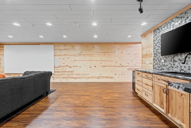 4835 Isabella Cir, Hobart, WI 54155 - living room with wooden walls, dark wood-type flooring, and recessed lighting