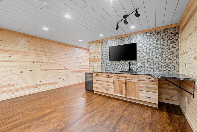 4835 Isabella Cir, Hobart, WI 54155 - bar area with beverage cooler, dark wood-type flooring, wood walls, and recessed lighting