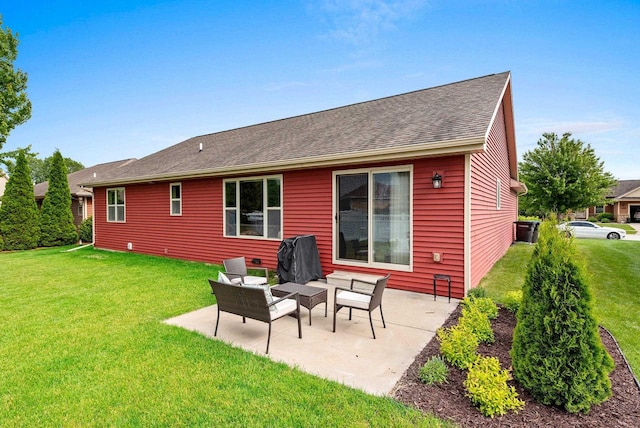 4835 Isabella Cir, Hobart, WI 54155 - rear view of property featuring a patio, a yard, roof with shingles, and an outdoor living space
