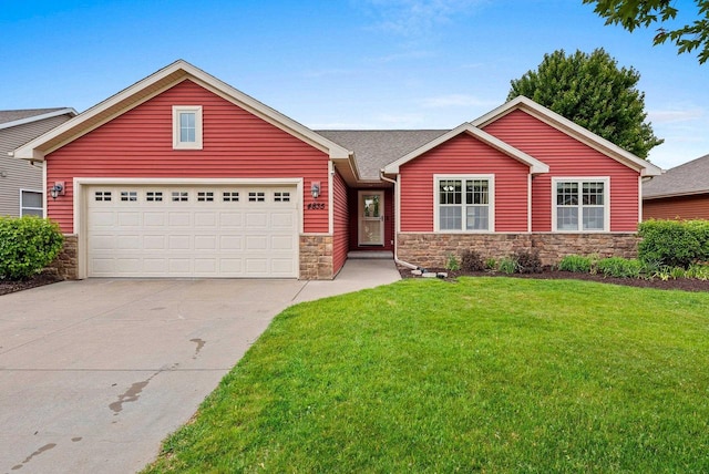 4835 Isabella Cir, Hobart, WI 54155 - ranch-style house featuring stone siding, concrete driveway, a front lawn, and an attached garage