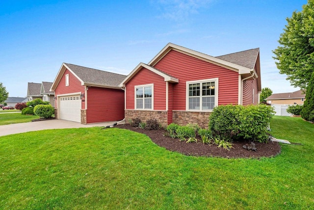 4835 Isabella Cir, Hobart, WI 54155 - ranch-style home with a front lawn, driveway, a garage, stone siding, and roof with shingles