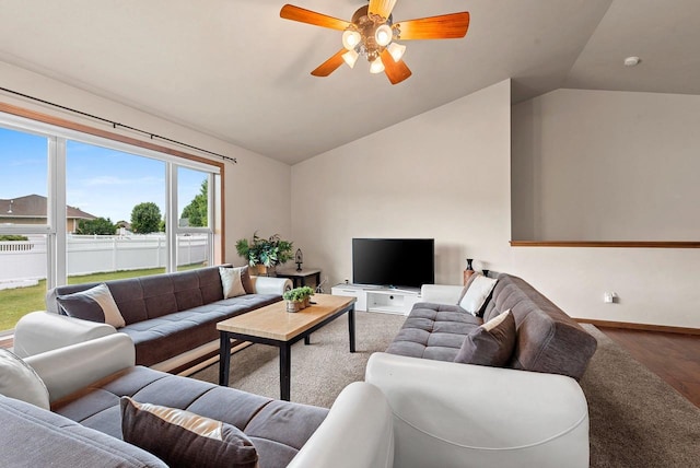 4835 Isabella Cir, Hobart, WI 54155 - living room featuring vaulted ceiling, wood finished floors, and a ceiling fan