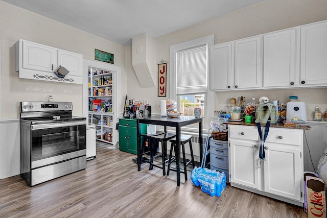 628 End Ct Unit 628A, Sheboygan, WI 53081 - kitchen featuring stainless steel range with electric stovetop, light wood-type flooring, white cabinets, and dark countertops