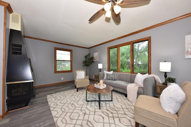 8535 N 59th St, Brown Deer, WI 53223 - living area with wood finished floors, ornamental molding, and a ceiling fan