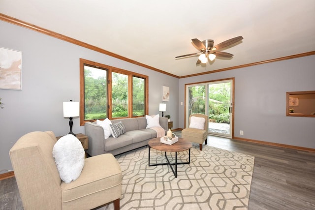 8535 N 59th St, Brown Deer, WI 53223 - living room featuring wood finished floors, a ceiling fan, and crown molding