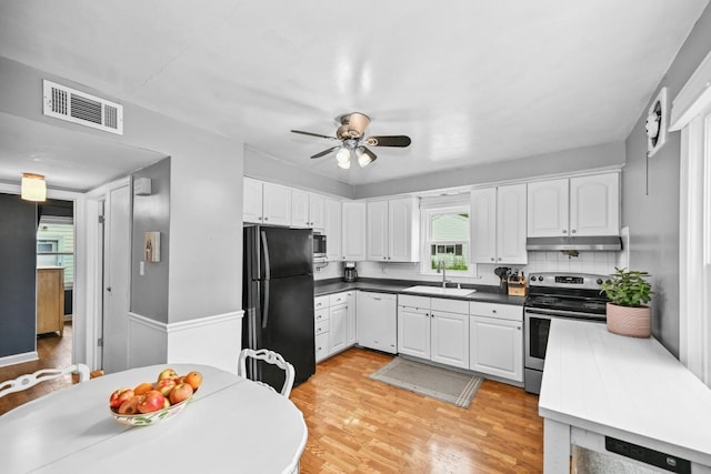 2750 N 86th St, Milwaukee, WI 53222 - kitchen featuring freestanding refrigerator, stainless steel electric stove, white dishwasher, under cabinet range hood, and white cabinets