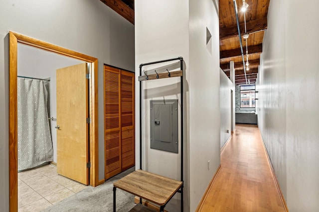 200 S Water St Unit 307, Milwaukee, WI 53204 - corridor featuring a wood ceiling with exposed beams and electric panel