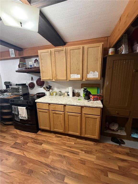 1330A 21 3/4 St, Cameron, WI 54822 - kitchen with black / electric stove, open shelves, light countertops, and light wood finished floors