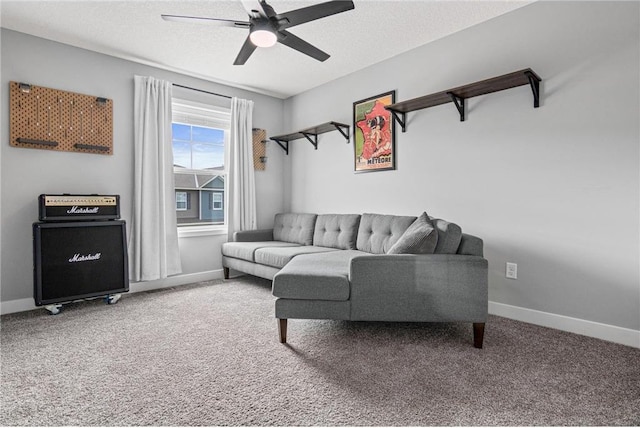 7243 Fall Dr, Hugo, MN 55038 - living area featuring ceiling fan, carpet floors, and a textured ceiling