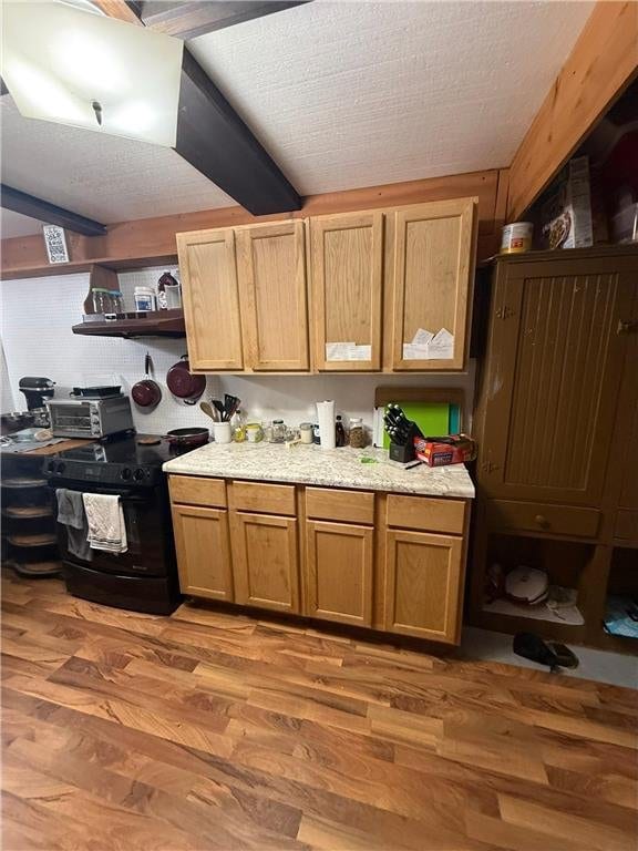 1330 21 3/4 St Unit A, Cameron, WI 54822 - kitchen featuring black electric range oven, open shelves, light countertops, and light wood-type flooring