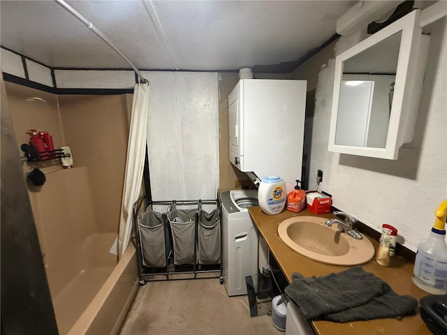 1330 21 3/4 St Unit A, Cameron, WI 54822 - full bath with stacked washing machine and dryer, concrete floors, shower / bath combination with curtain, and vanity