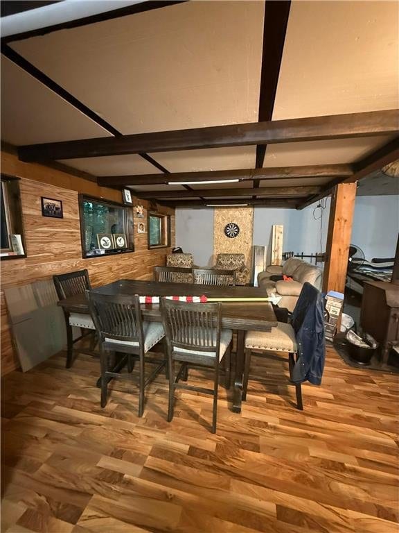 1330 21 3/4 St Unit A, Cameron, WI 54822 - bar area with wood finished floors, wood walls, and beam ceiling