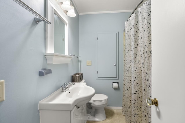 1002 Grove St, Oshkosh, WI 54901 - full bath featuring crown molding, vanity, tile patterned flooring, and curtained shower