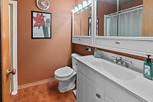 618 Westridge Dr, West Bend, WI 53095 - full bathroom featuring a textured wall, vanity, a heating unit, a shower with shower curtain, and tile patterned floors