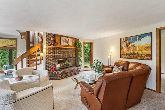 W318S4121 Highview Rd, Waukesha, WI 53189 - living area with carpet, plenty of natural light, stairs, and a brick fireplace