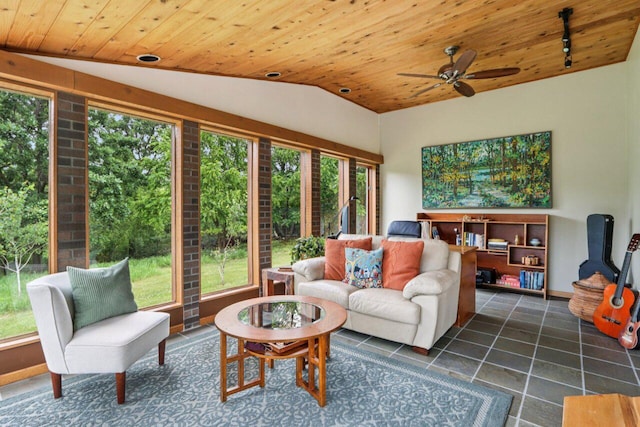 W318S4121 Highview Rd, Waukesha, WI 53189 - living area featuring vaulted ceiling, wooden ceiling, plenty of natural light, a ceiling fan, and tile patterned floors