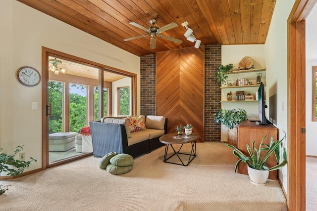 W318S4121 Highview Rd, Waukesha, WI 53189 - carpeted living area featuring wooden ceiling, a ceiling fan, and lofted ceiling